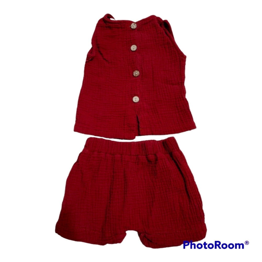 Cranberry Dark Burgundy Linen Muslin Short Set, 95% Cotton Baby 9-12 Mon…